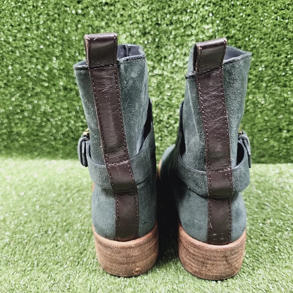 Tory Burch Riley Deep Green‎ Suede Buckle Pull On Ankle Boots Womens Size 8